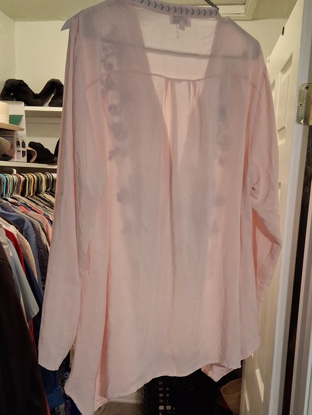 Light Pink Embroidered V-Neck Tunic Top with Navy Floral Detail - Picture 7 of 8
